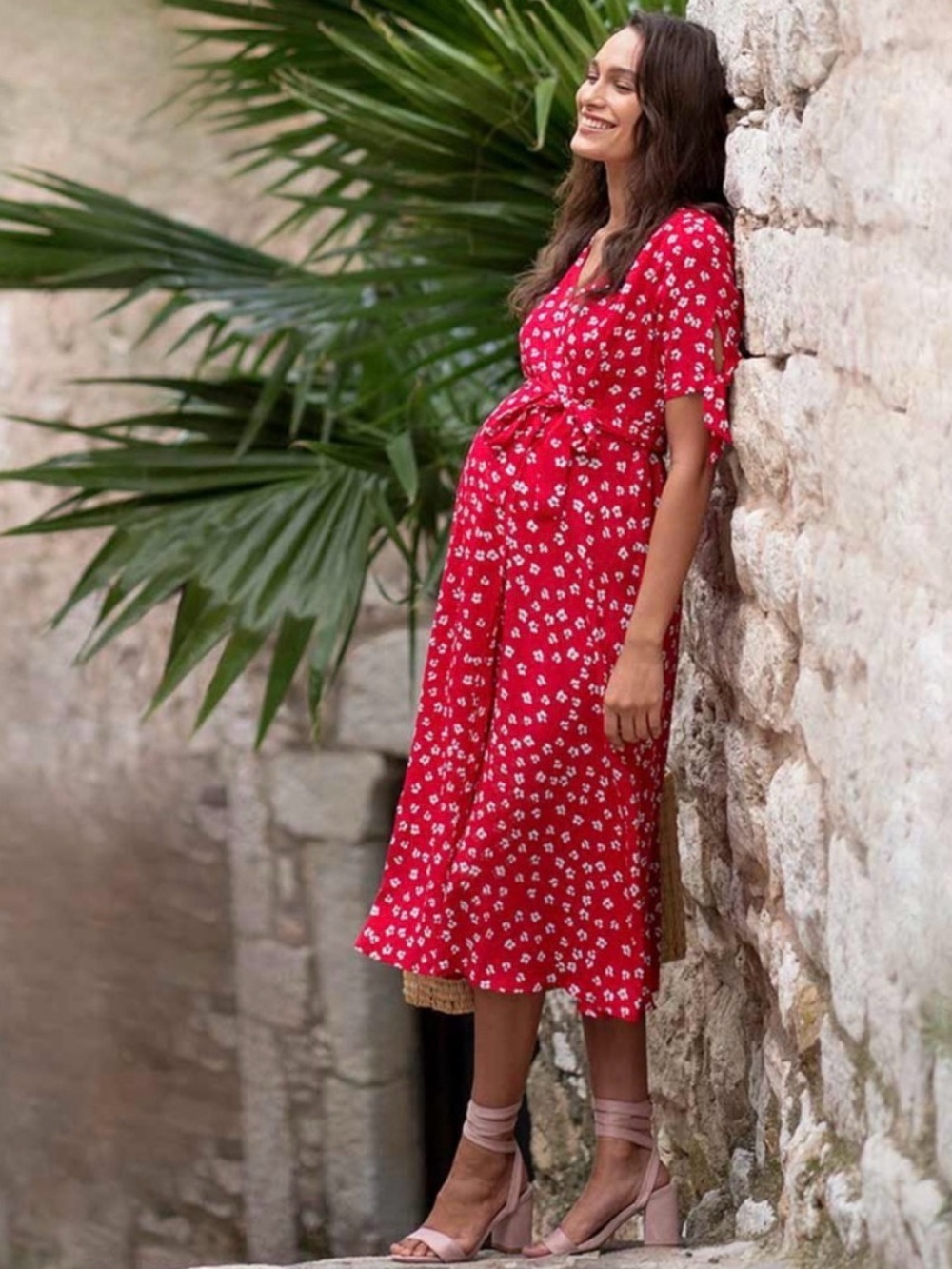 Seraphine Maternity Red Floral Tie-Waist Midi Dress